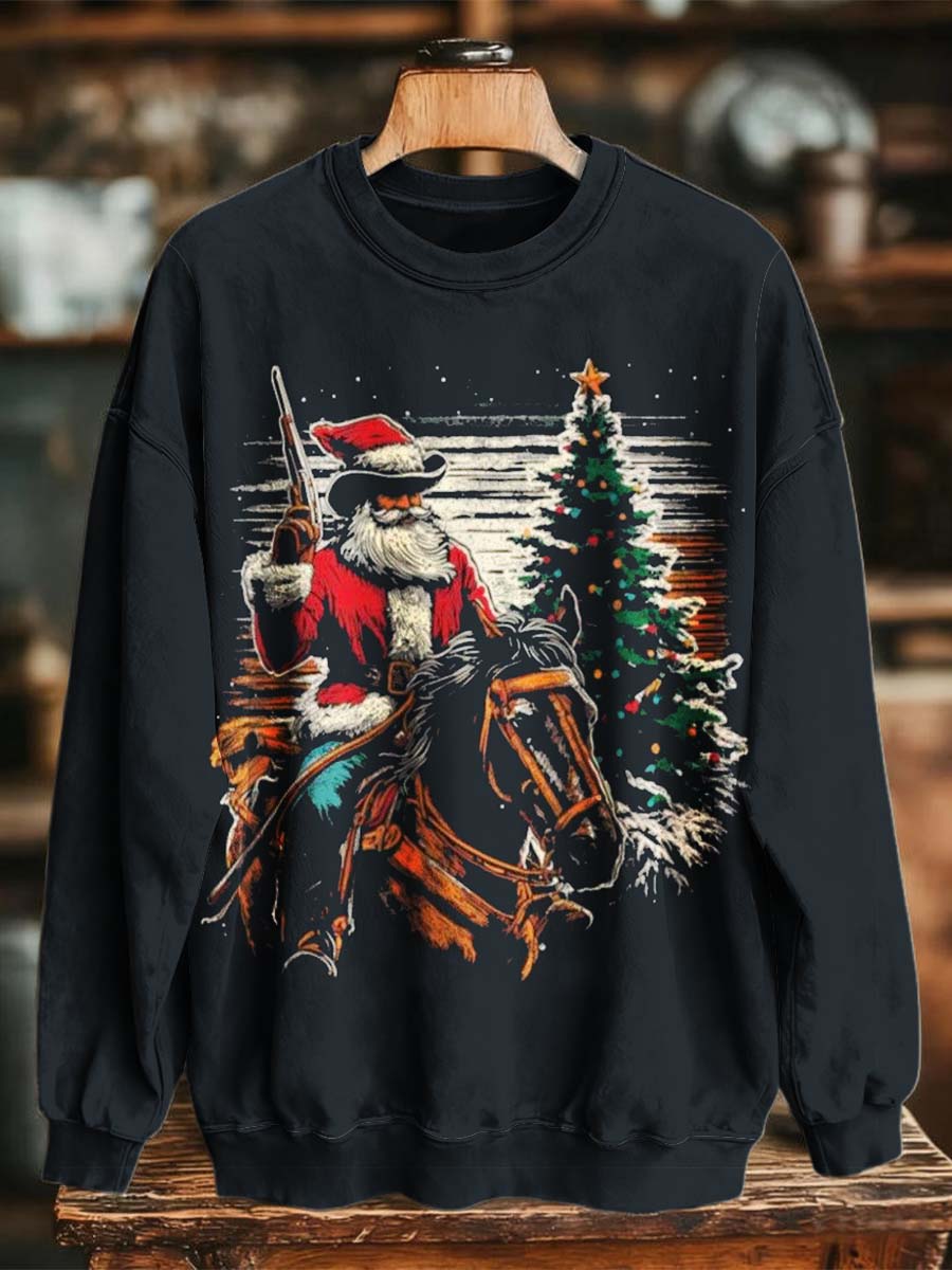 Cowboy Santa Print Casual Crewneck Sweatshirt
