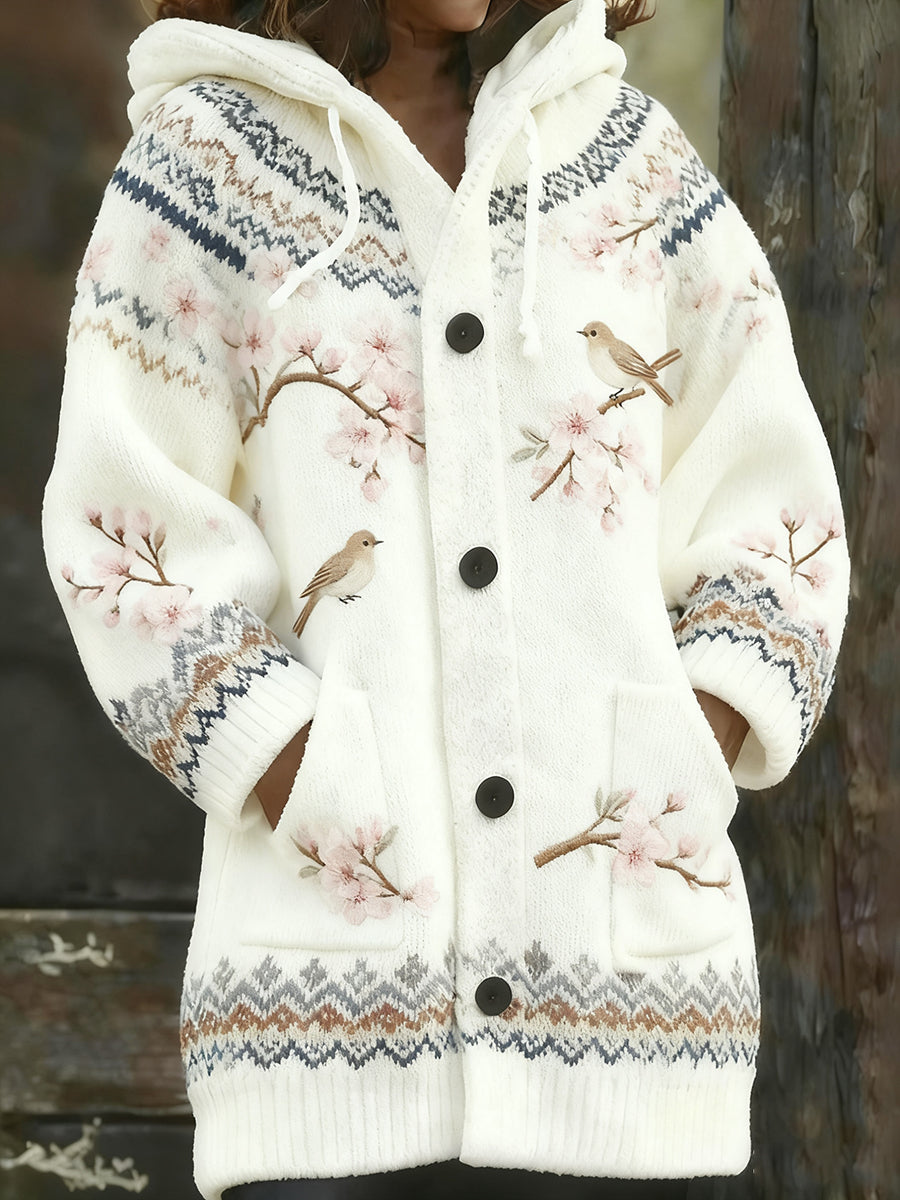 Women's Retro Christmas Art Print Casual Comfort Knitted Hooded Cardigan