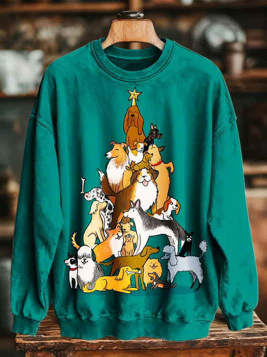 Puppy Christmas Tree Print Casual Crewneck Sweatshirt
