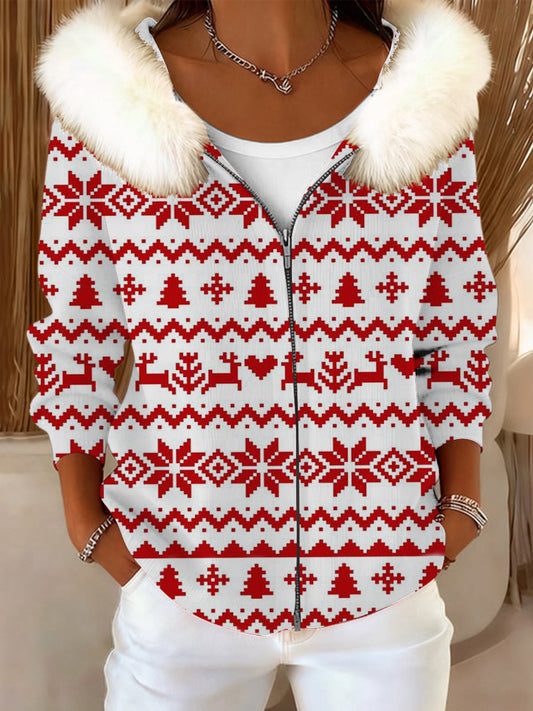 Women's Vibrant Red Christmas Pattern Print Fur Collar Jacket