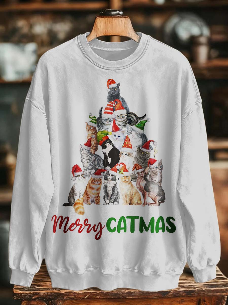 Cat Christmas Tree Print Casual Crewneck Sweatshirt