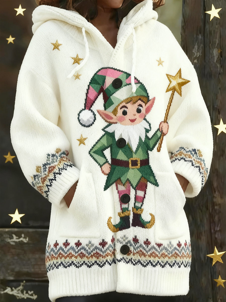 Women's Retro Christmas Art Print Casual Comfort Knitted Hooded Cardigan