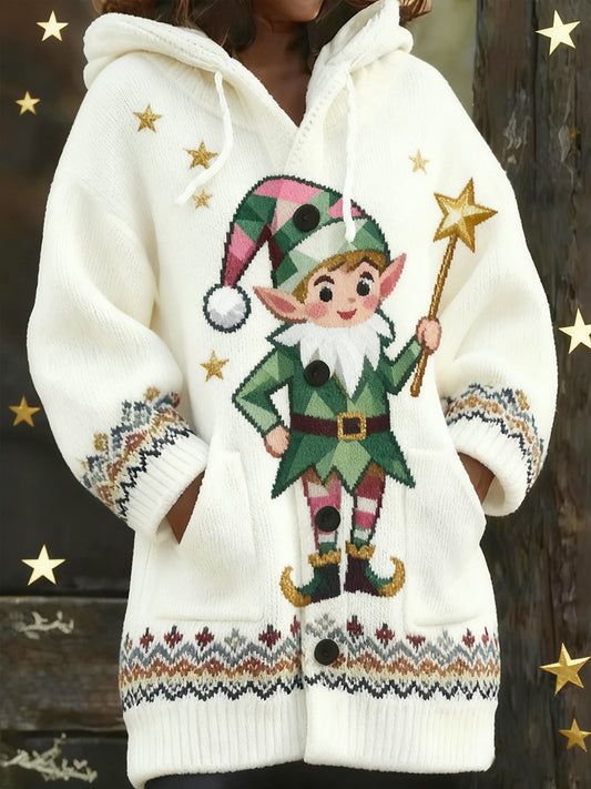 Women's Retro Christmas Art Print Casual Comfort Knitted Hooded Cardigan