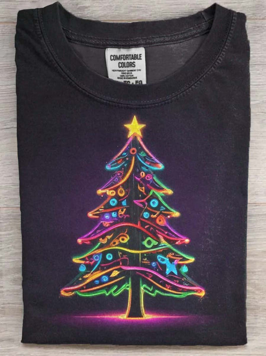 Fluorescent Christmas Tree Print Casual Short-Sleeve T-Shirt