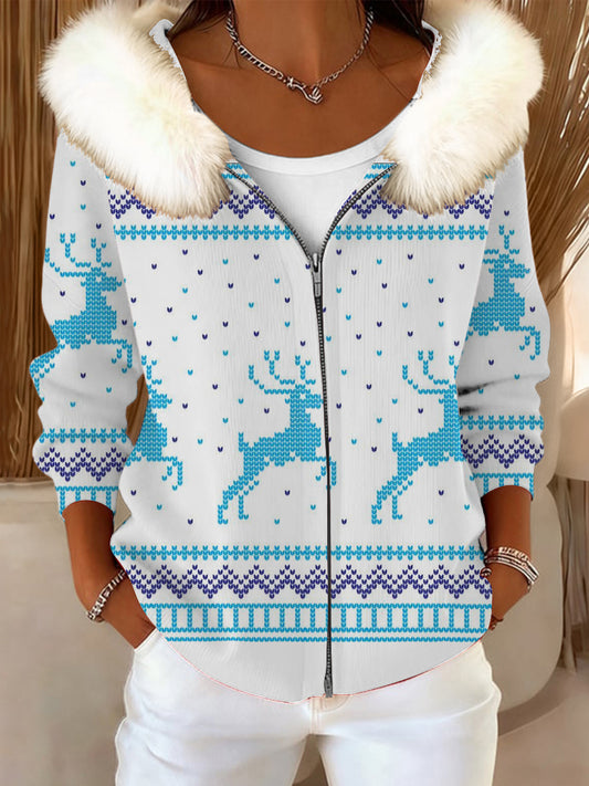 Women's Lovely Blue Reindeer Print Fur Collar Jacket
