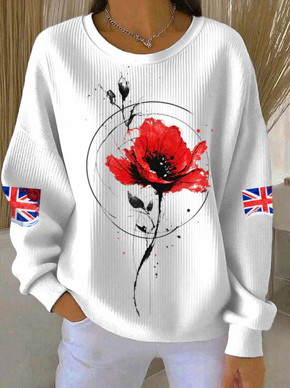Women's British Popph Print Ribbed Round-Neck Sweatshirt