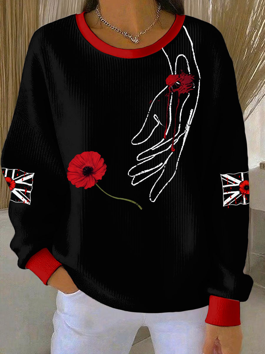 Women's British Popph Print Ribbed Round-Neck Sweatshirt