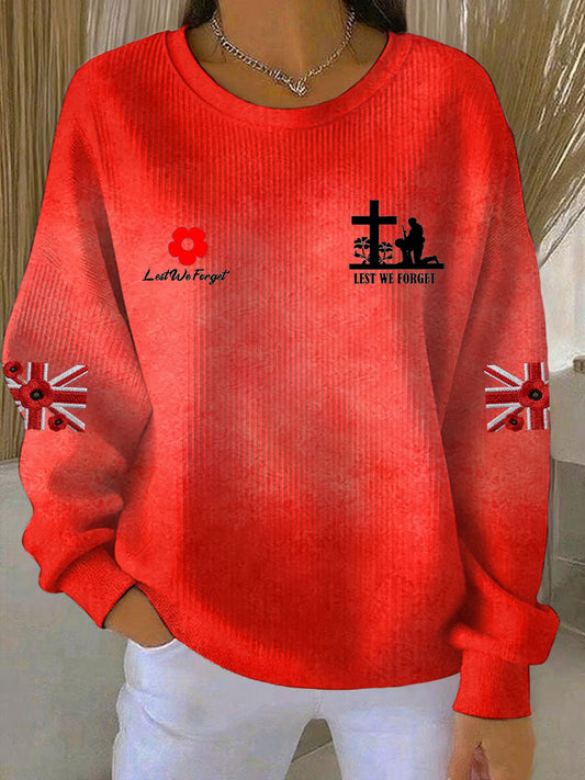 Women's poppy flower Lest We Forget Print Ribbed Round-Neck Sweatshirt