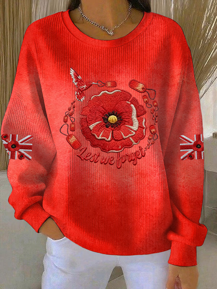 Women's poppy flower Lest We Forget Print Ribbed Round-Neck Sweatshirt