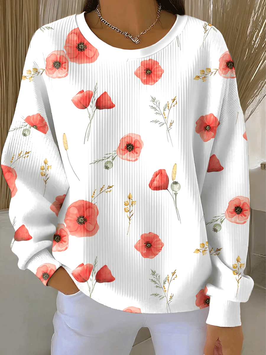 Women's poppy flower Print Ribbed Round-Neck Sweatshirt