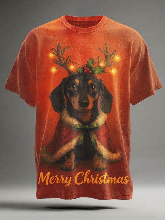 Christmas Dachshund Print Casual Short-Sleeve T-Shirt