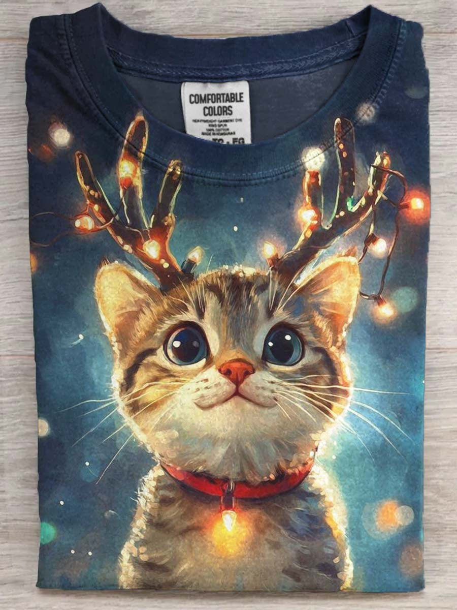 Cute Reindeer Cat Print Casual Short-Sleeve T-Shirt
