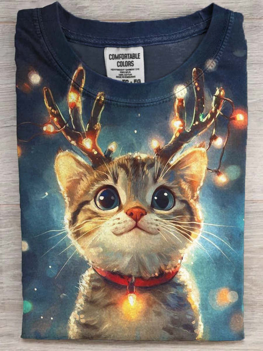 Cute Reindeer Cat Print Casual Short-Sleeve T-Shirt