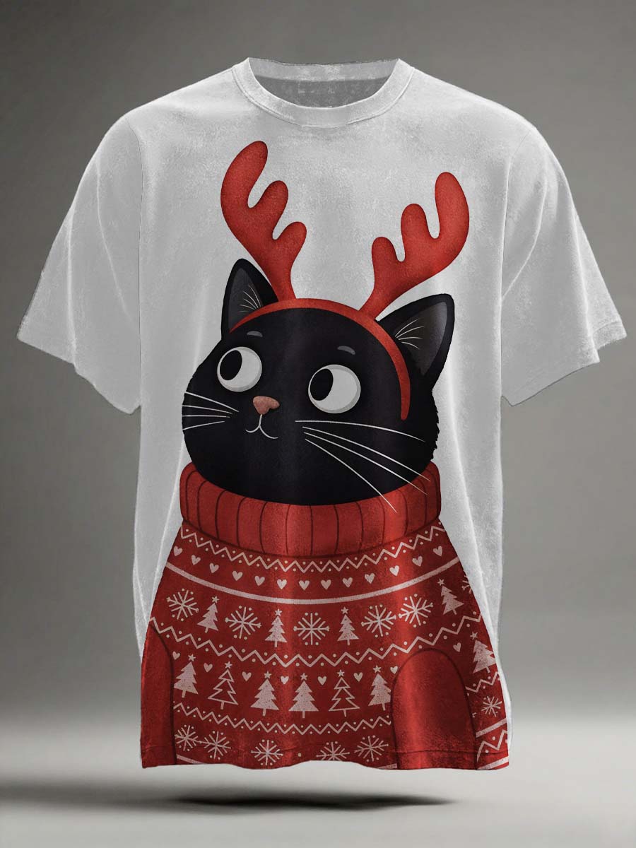 Christmas Cat Print Casual Short-Sleeve T-Shirt