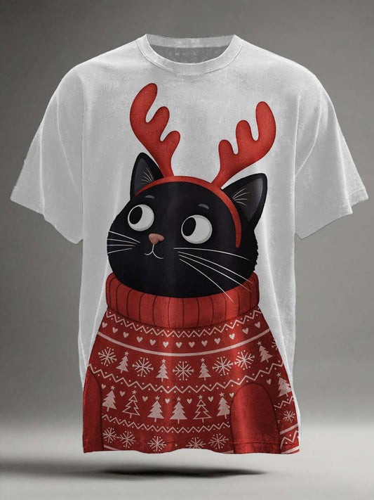 Christmas Cat Print Casual Short-Sleeve T-Shirt