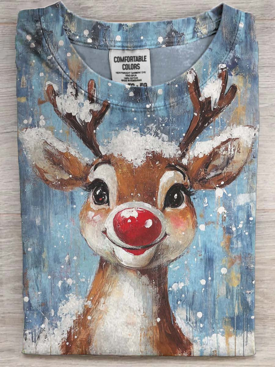 Cute Red-Nosed Fawn Print Casual Short-Sleeve T-Shirt
