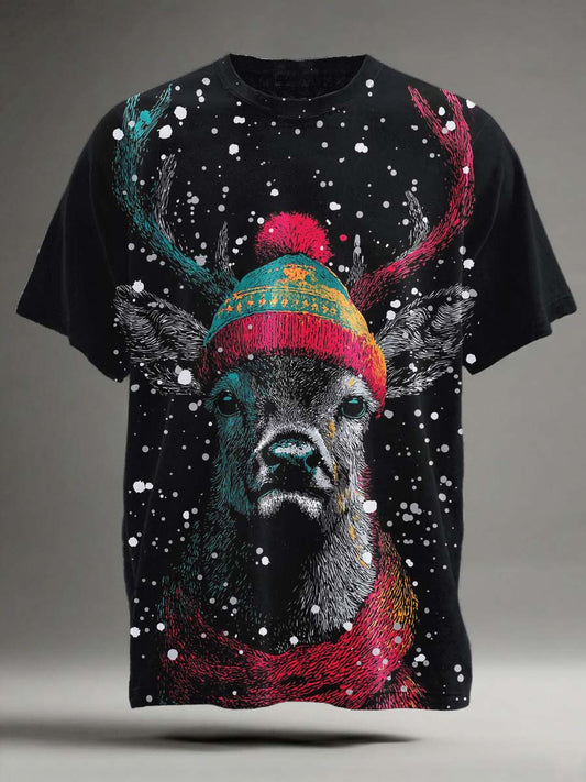 Christmas Reindeer Print Casual Short-Sleeve T-Shirt