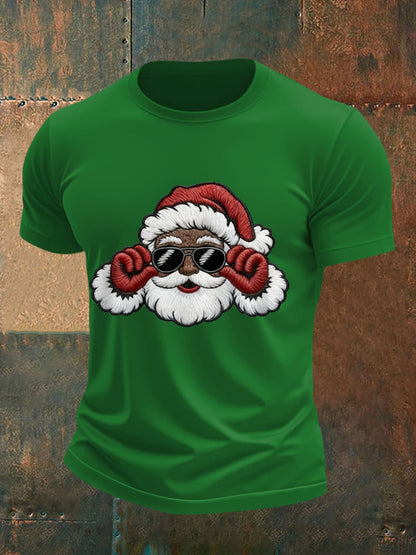 Men's Christmas Black Santa Claus Print Casual Tee
