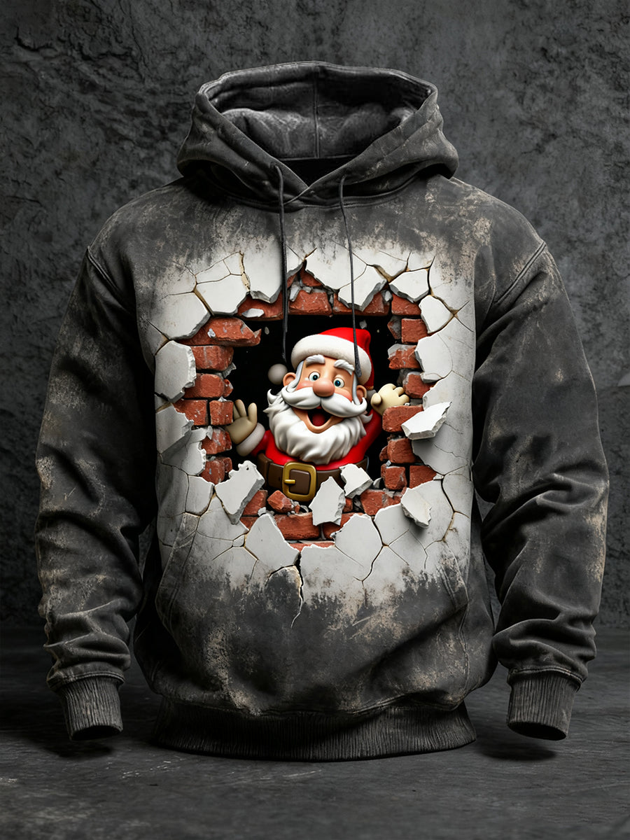 Men's Black Distressed Santa Breaking Brick Print Hoodie