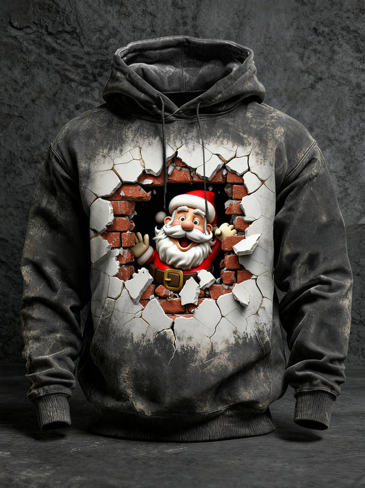 Men's Black Distressed Santa Breaking Brick Print Hoodie
