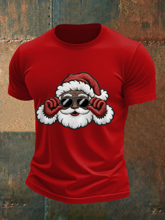 Men's Christmas Black Santa Claus Print Casual Tee