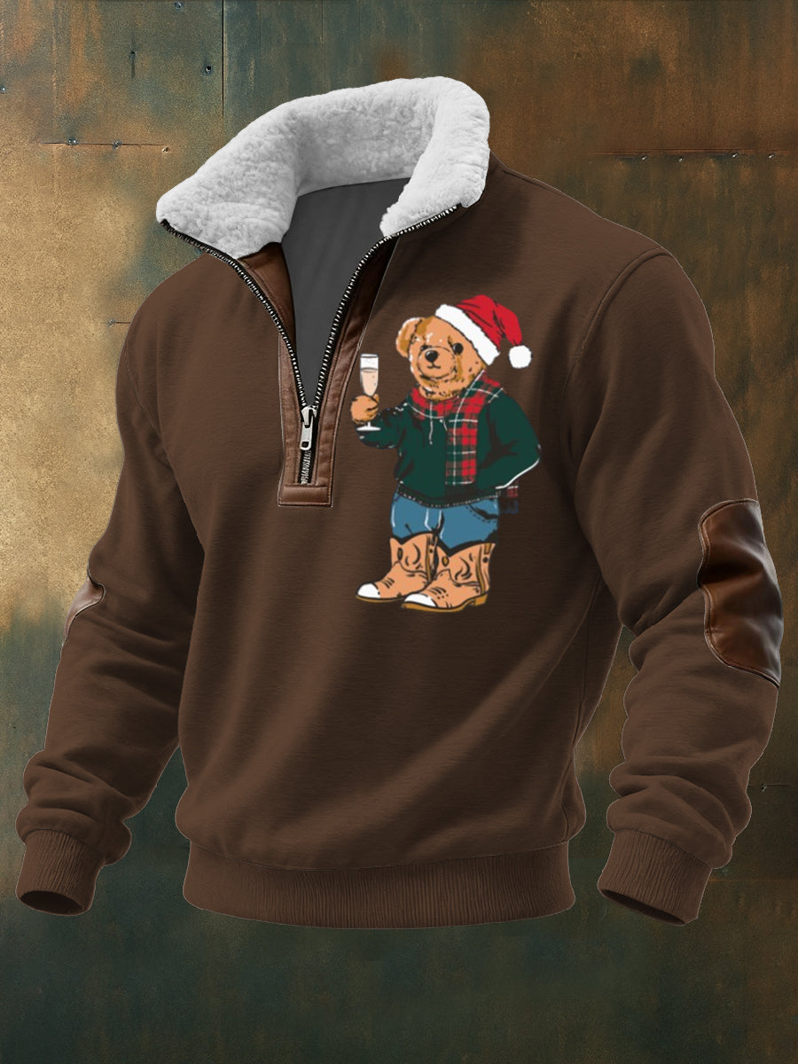 Men's Brown Christmas Bear Print Sherpa - Lined Zip Jacket