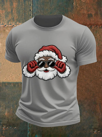 Men's Christmas Black Santa Claus Print Casual Tee