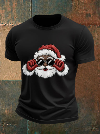 Men's Christmas Black Santa Claus Print Casual Tee