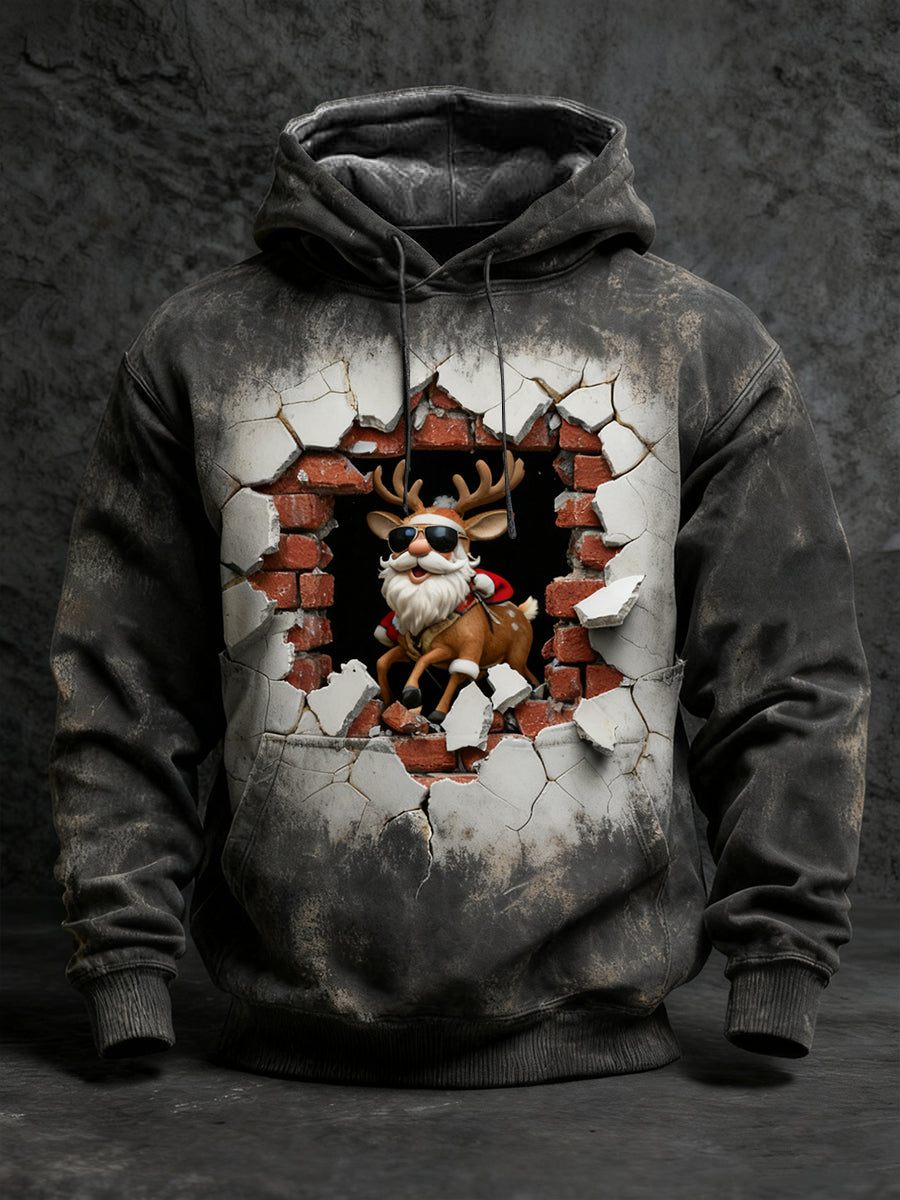 Men's Black Distressed Santa Reindeer Print Hoodie