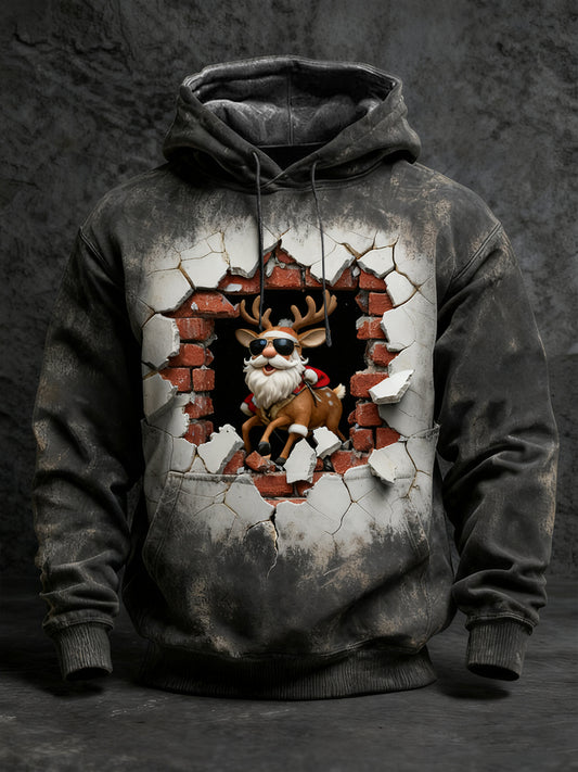 Men's Black Distressed Santa Reindeer Print Hoodie