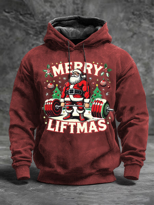 Men's Red "Merry Liftmas" Santa Weightlifting Print Hoodie