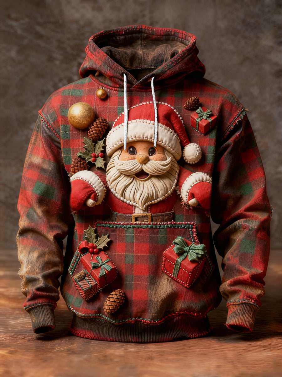 Retro Christmas Santa Plaid Casual Hoodie