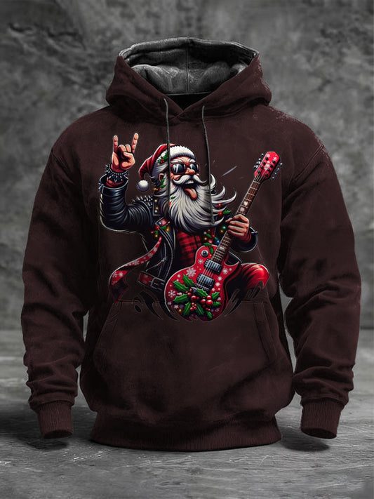 Men's Brown Rock Santa Guitar Print Hoodie