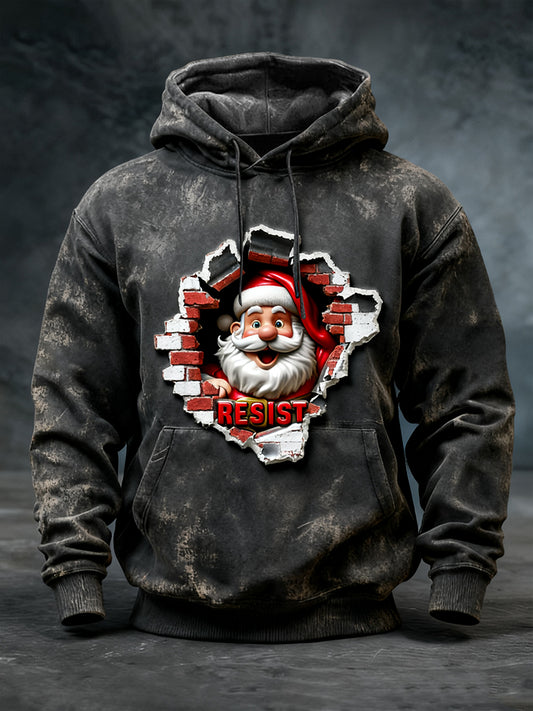 Men's Black Distressed "Resist" Santa Print Hoodie