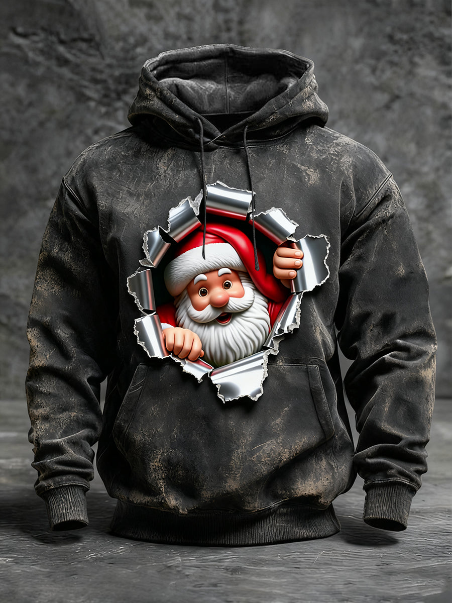 Men's Black Distressed Santa Tearing Print Hoodie