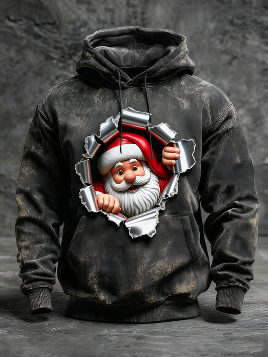 Men's Black Distressed Santa Tearing Print Hoodie