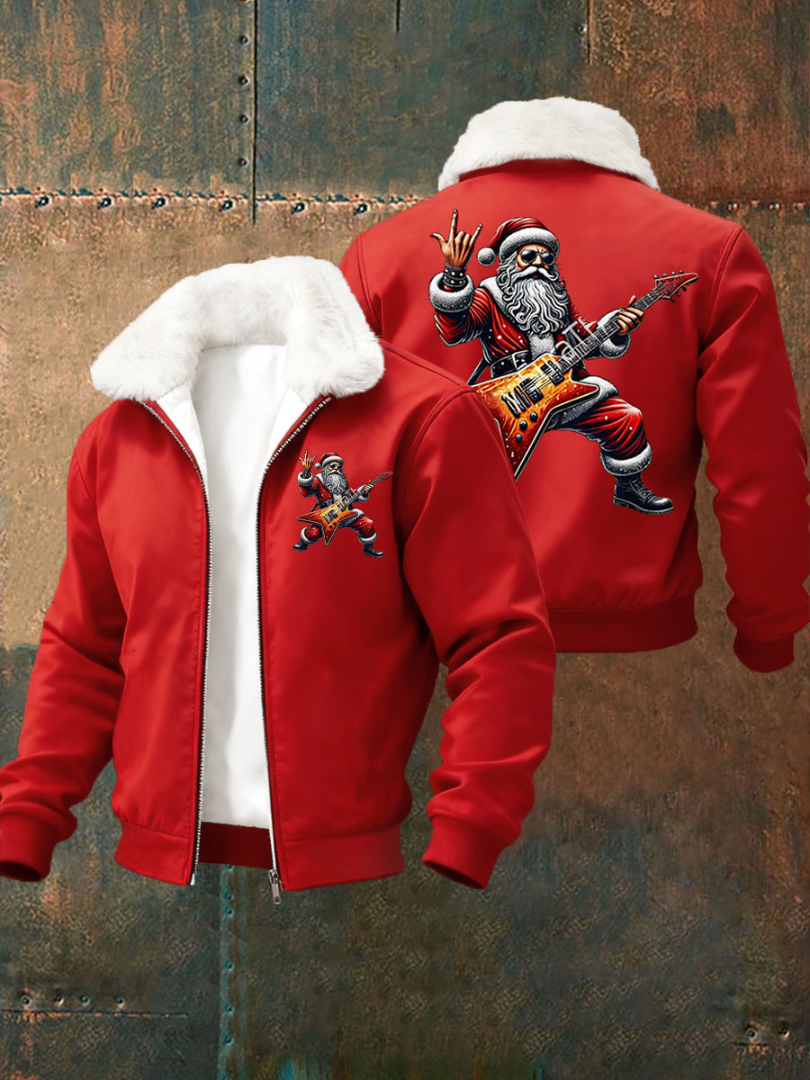 Men's Christmas Rock Santa Claus Print Fur Collar Zip-Up Jacket