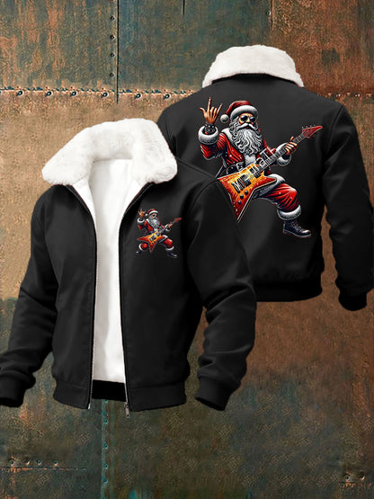 Men's Christmas Rock Santa Claus Print Fur Collar Zip-Up Jacket