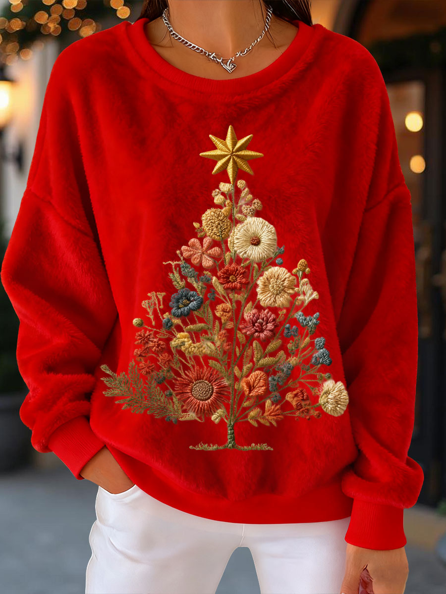 Women's Vintage Floral Christmas Tree Flannel Sweatshirts
