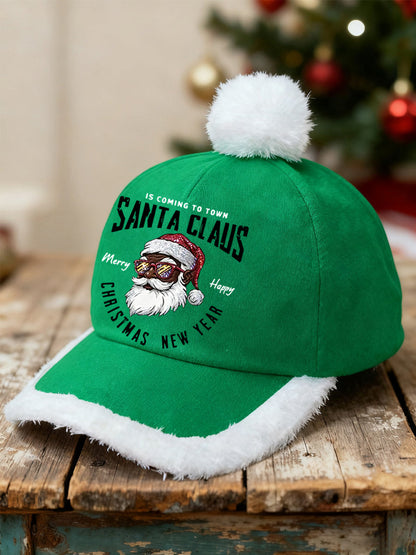 Unisex Christmas Black Santa Claus Print Fluffy Stitching Hat