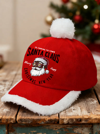 Unisex Christmas Black Santa Claus Print Fluffy Stitching Hat
