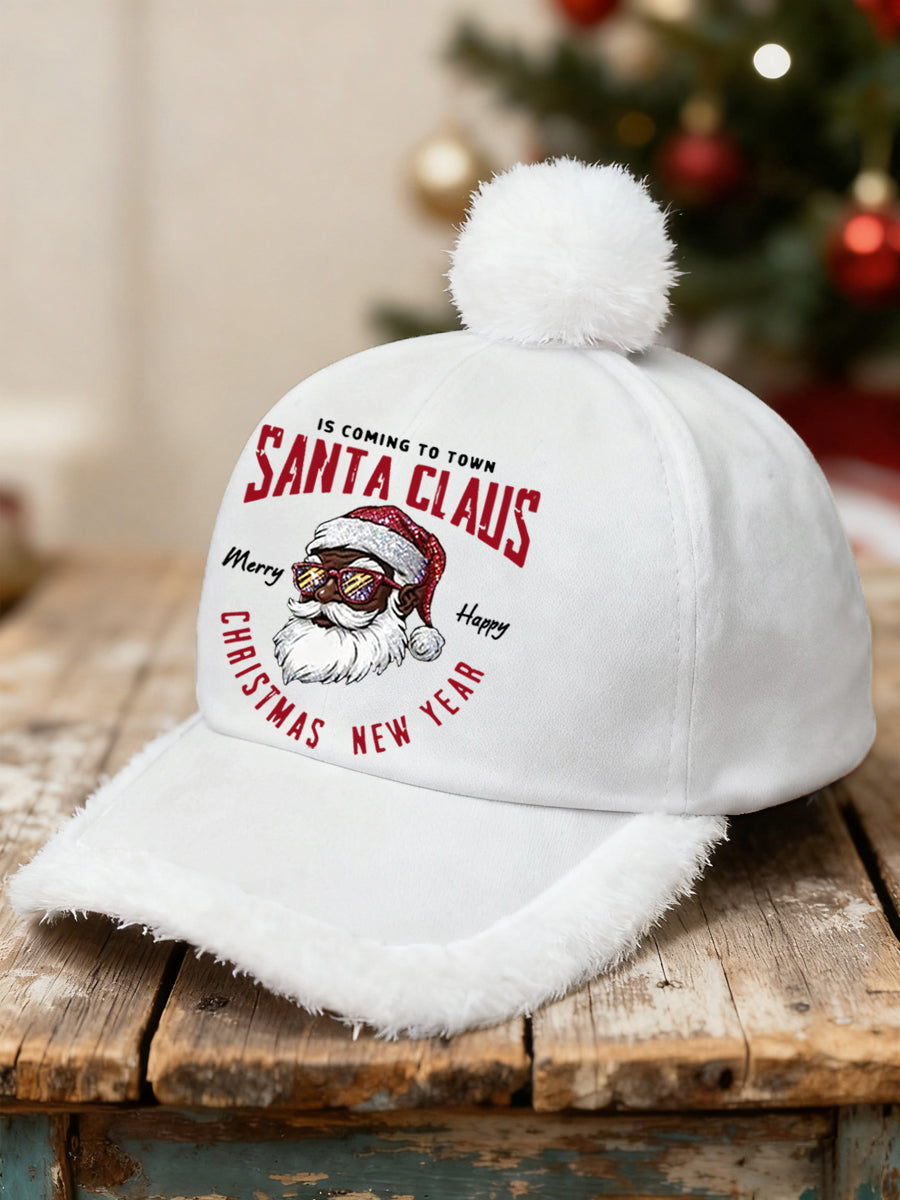 Unisex Christmas Black Santa Claus Print Fluffy Stitching Hat