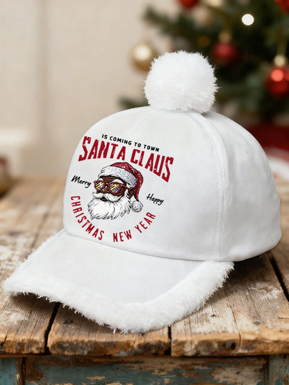 Unisex Christmas Black Santa Claus Print Fluffy Stitching Hat