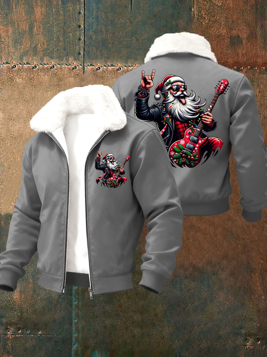 Men's Christmas Rock Santa Claus Print Fur Collar Zip-Up Jacket
