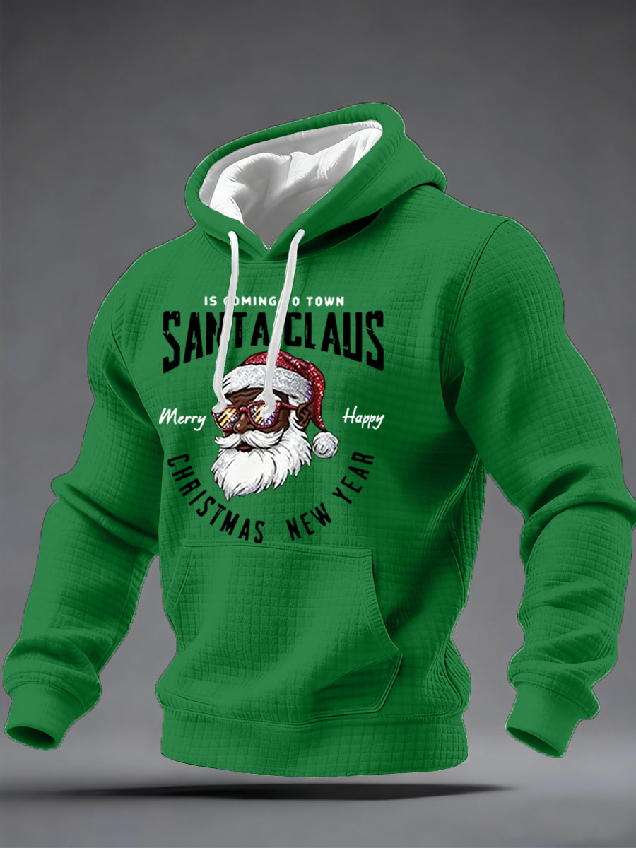 Men's Christmas Black Santa Claus Print Casual Checkered Hoodie