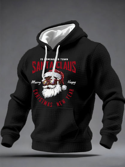 Men's Christmas Black Santa Claus Print Casual Checkered Hoodie