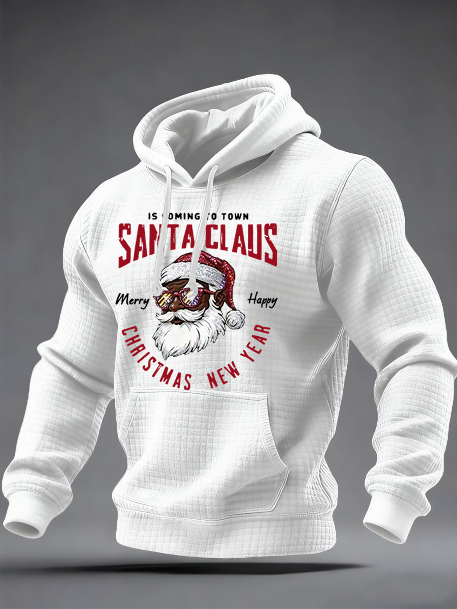 Men's Christmas Black Santa Claus Print Casual Checkered Hoodie