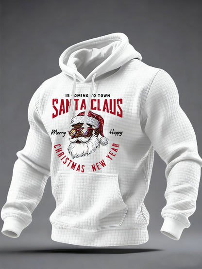 Men's Christmas Black Santa Claus Print Casual Checkered Hoodie