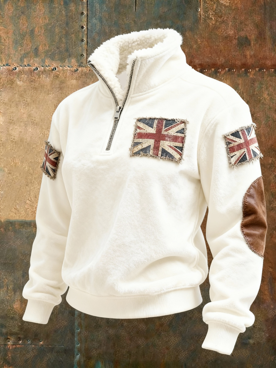 Women's British vintage flag print Composite Fleece Hoodie