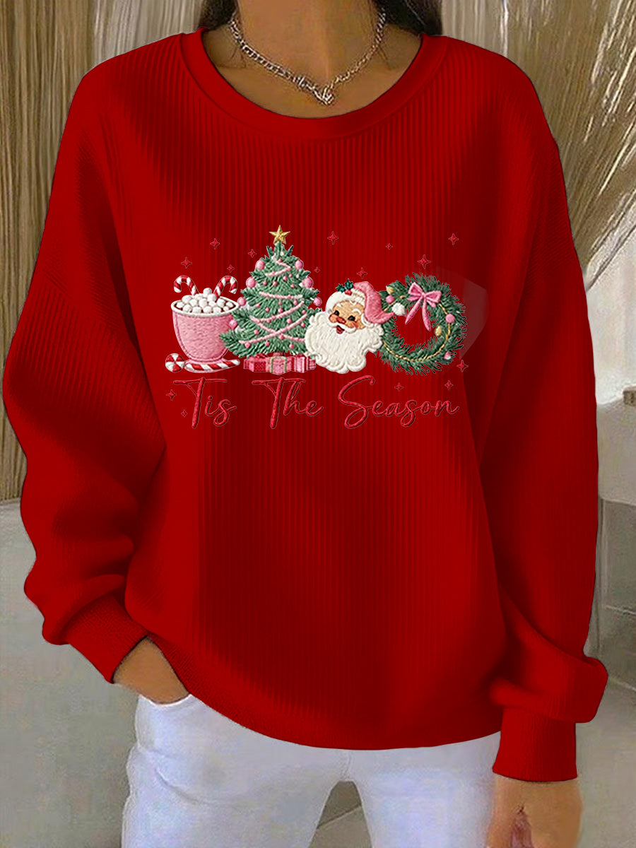 Women's Merry Christmas Christmas Santa Claus Christmas Tree Print Ribbed Round-Neck Sweatshirt